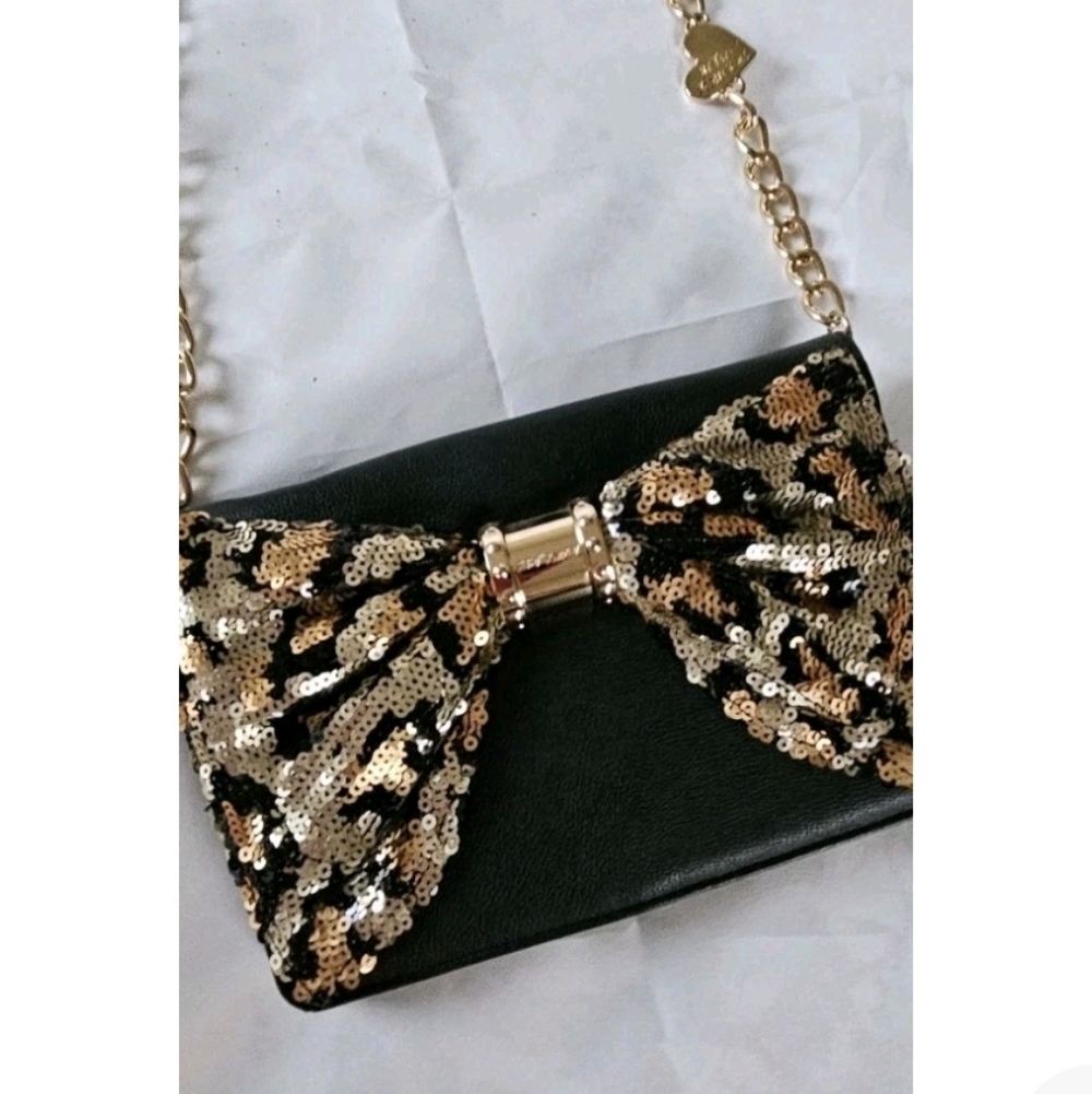 Betsey Johnson Sequin Bow Black and Gold Women's Bag Purse Crossbody Clutch